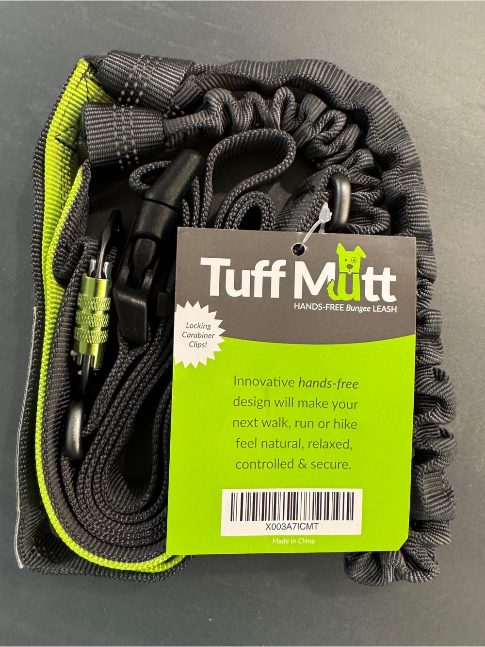 New Tuff Mutt Hands-Free Bungee Dog Leash Gray/Green Running Hiking